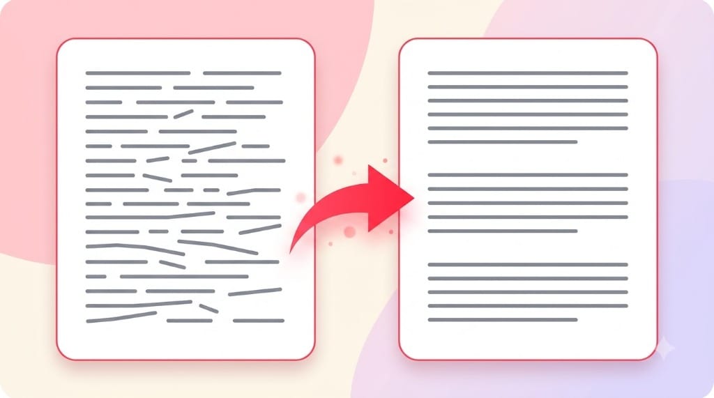 Visual demonstration of removing line breaks showing fragmented document converted into clean paragraph text