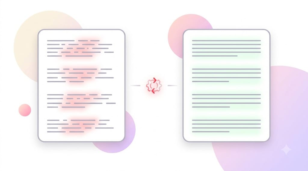 Before and after comparison of cleaning copied PDF text with unwanted line breaks