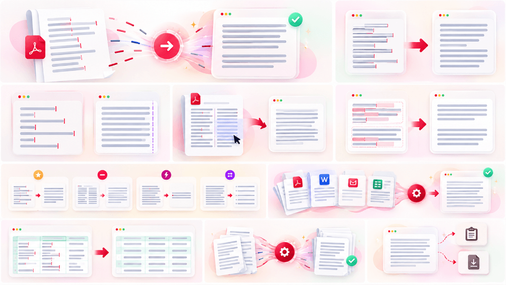 Line break remover modes overview illustrating PDF, Word, Email, and Spreadsheet conversion workflows