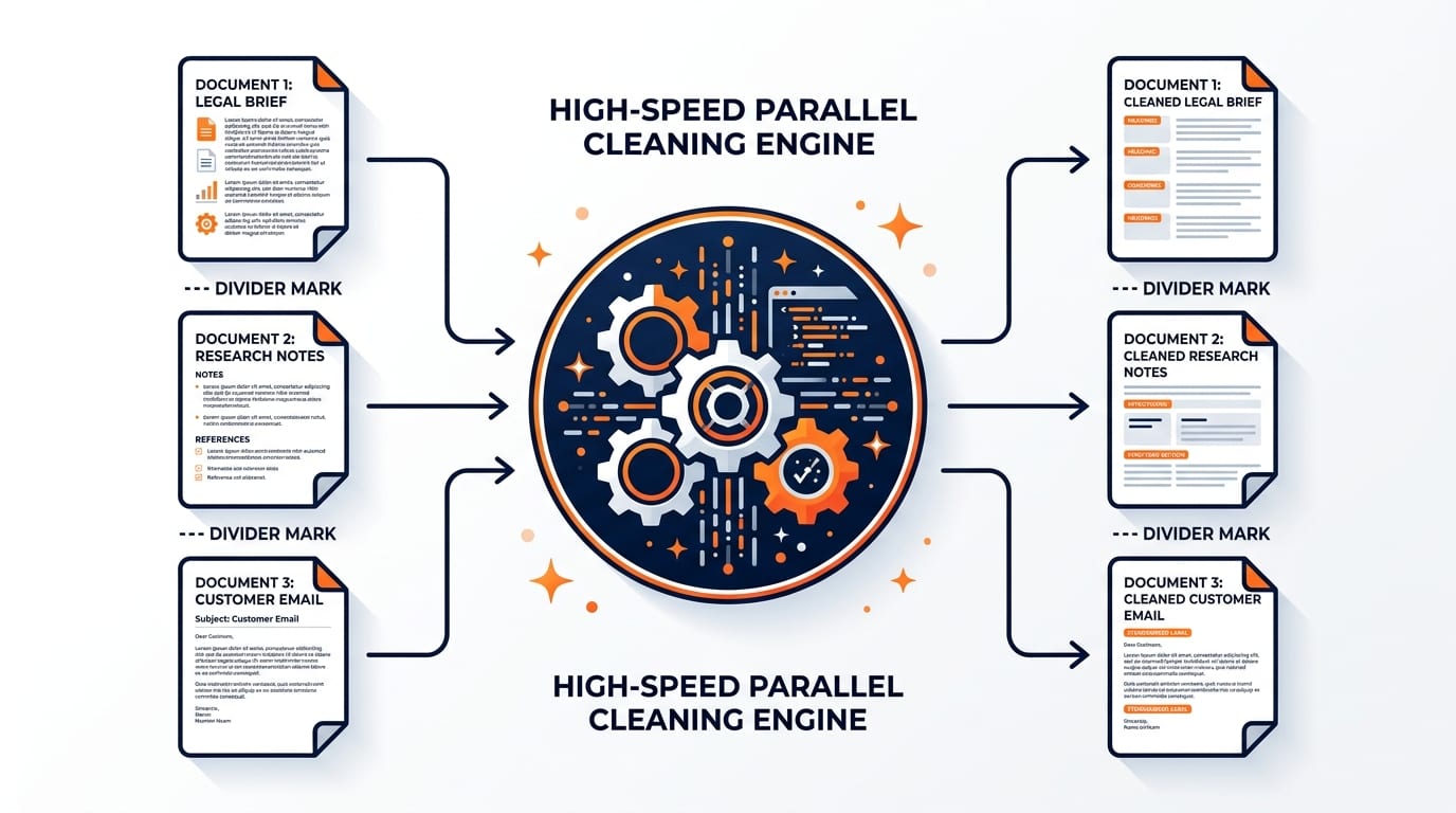 Infographic showing 3 separate documents separated by triple dash dividing marks flowing through a high speed parallel cleaning engine