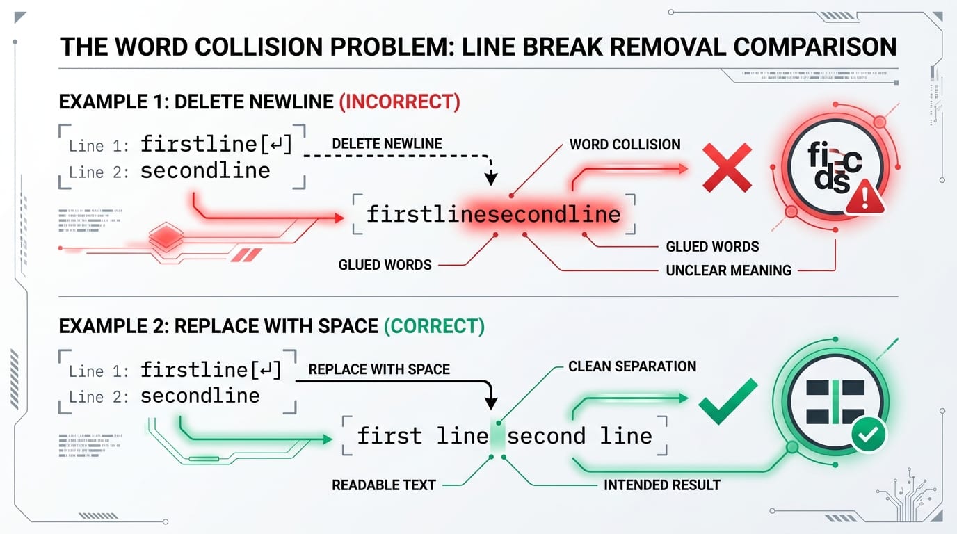The Word Collision Problem infographic showing why deleting line breaks causes glued words while replacing with space keeps text readable