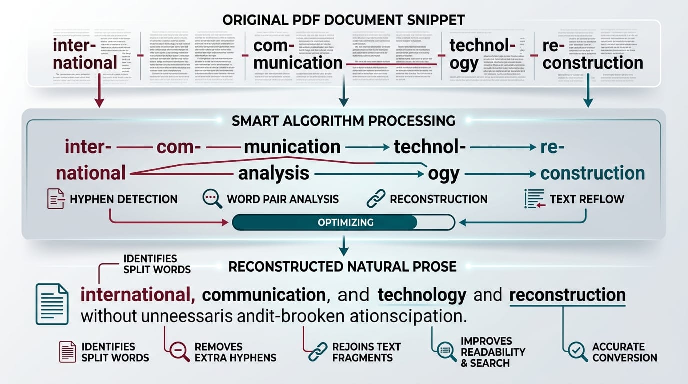 Technical infographic showing smart de-hyphenation algorithm merging split words like inter-national into single words