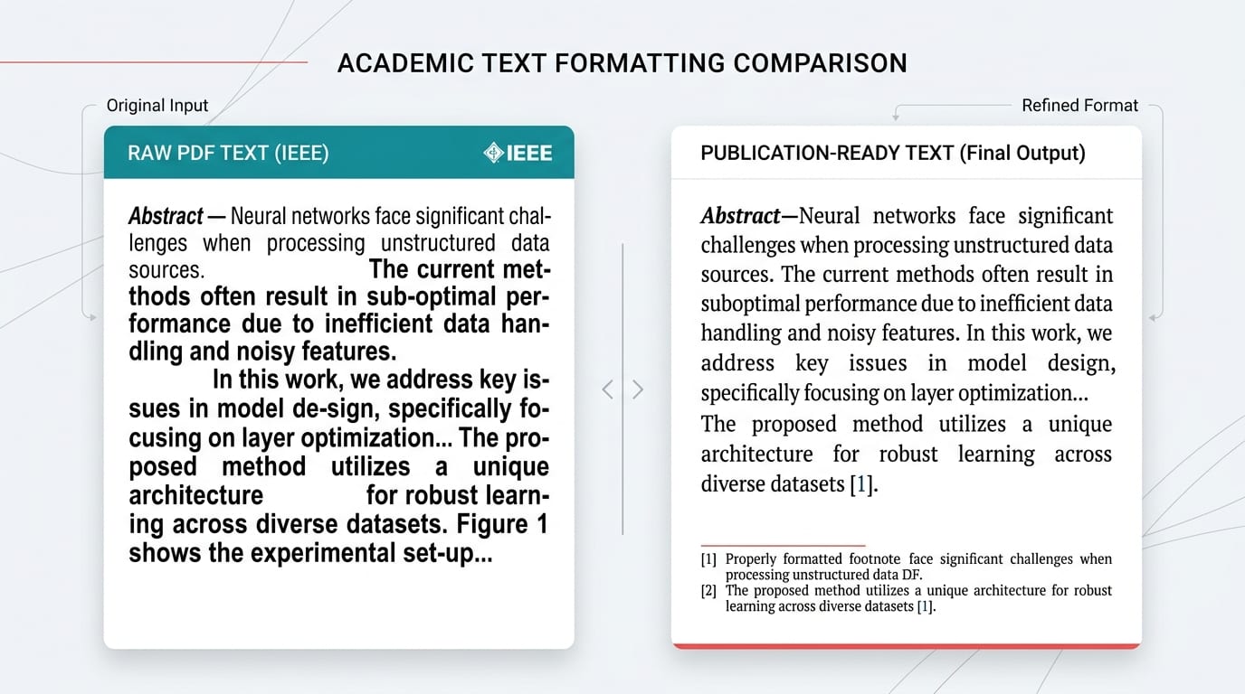 Side by side comparison of raw IEEE academic paper copied text versus publication-ready clean prose output