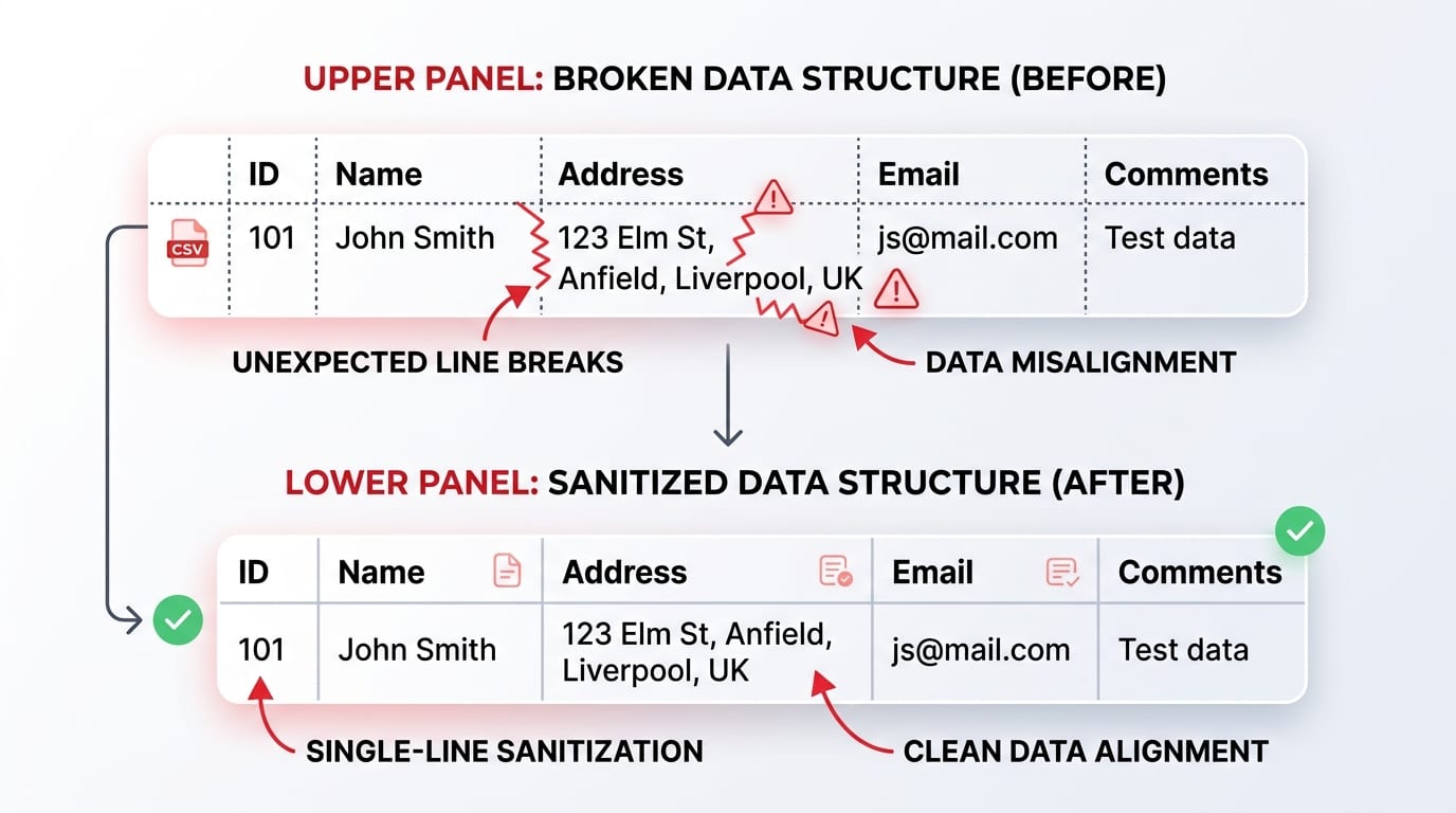 Infographic illustrating CSV data sanitization removing line breaks to prevent column misalignment and row offset